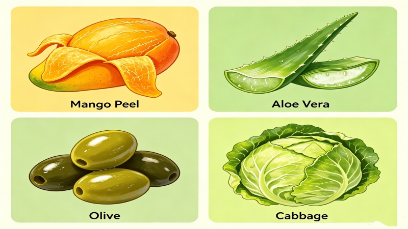 Natural sources of Lupeol including mango peel aloe vera olive and cabbage